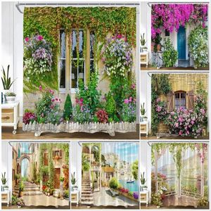 Douchegordijnen Planten Bloemen Landschap Vintage Europees Straatlandschap Tuin Muuropknoping Polyester Badkamer Decor Met Haken