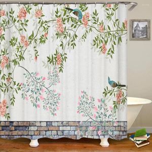 Rideaux de douche plantes feuilles fleurs et oiseaux imprimer la décoration de maison rideau polyester salle de bain étanche avec crochet 180x180