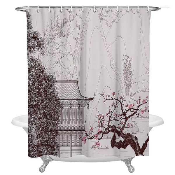 Rideaux de douche Arbres de fleurs de prunier Fleurs Rideau de maison Tissu de polyester imperméable Décoration de la maison avec crochet