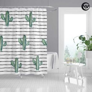 Rideaux de douche Polyester salle de bain rideau tapis de bain ensemble imprimé rayé mignon Cactus étanche 4Pc toilette couverture tapis paillasson