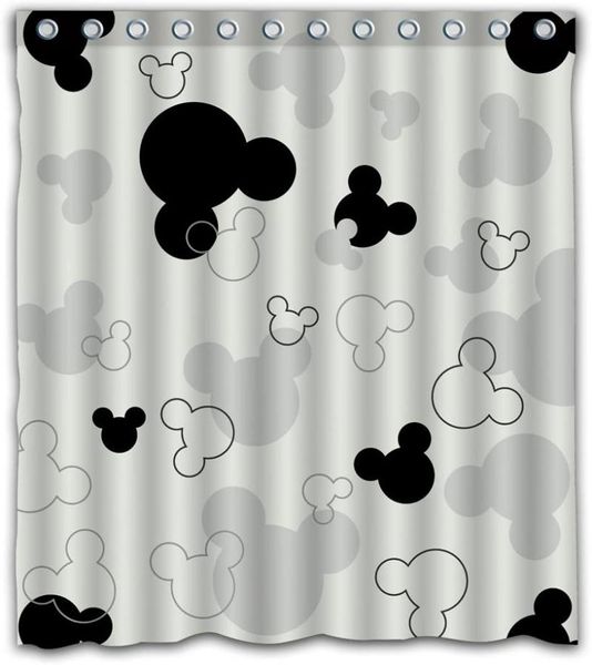 Cortinas de ducha Cortina de poliéster Patrón de ratón negro Tela impermeable Artículo de baño 12 ganchos
