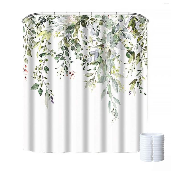 Rideaux de douche Tissu en polyester Feuilles vertes Plantes HD Impression Écran de porte Opaque Décor à la maison Rideau suspendu Type avec crochet de type C