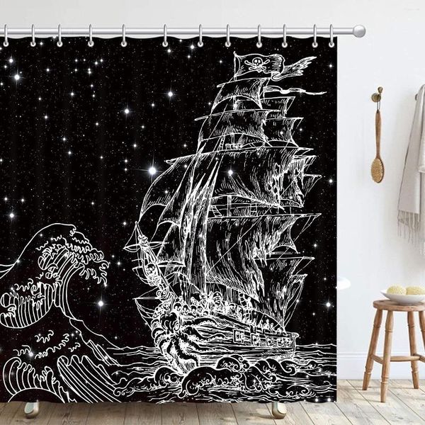 Rideaux de douche en tissu Polyester, imperméable, noir, ciel étoilé, bateau de Pirate, tempête, lavable en Machine