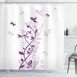 Cortinas de ducha cortina morada árbol violeta girando flores de lila persa con mariposa ornamental planta gráfico decoración de baño