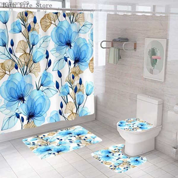 Rideaux de douche violet Floral rideau de douche ensemble peinture à l'encre fleur salle de bain rideau moderne bain toilette couverture tapis antidérapant salle de bain tapis ensemble R230821