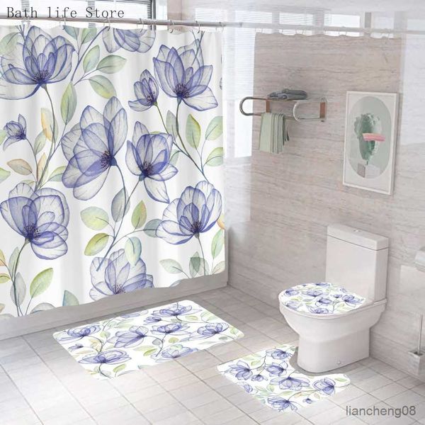 Cortinas de ducha Juego de cortinas de ducha florales moradas, pintura de tinta, cortina de baño de flores, cubierta de baño moderna, alfombrilla antideslizante para baño, juego de alfombras R230825