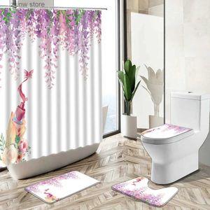 Rideaux de douche Fleur violette rotin plante paysage rideau de douche printemps Floral tapis antidérapant couverture de toilette tapis de bain maison fille salle de bain décor ensemble Y240316