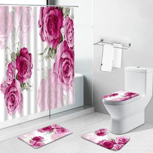 Douchegordijnen paarse bloem roze elegant geprinte gordijn zonnebloem tulpen bloemen badkamer niet-slip vloerkleed sets toiletkap tapijt