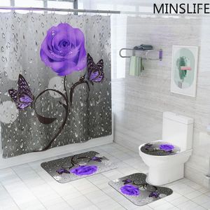 Douchegordijnen paarse bloemen en vlinders patroon badkamersets met tapijtdeksel toiletbad mat kussen tapijten huisdecoratie