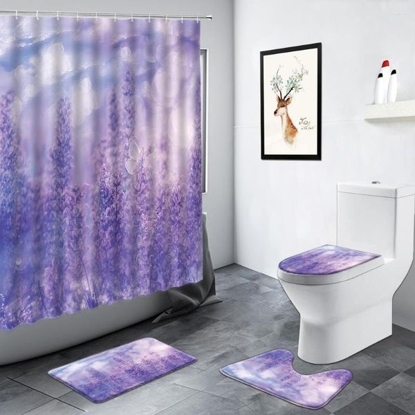 Rideaux De Douche Violet Lavande Fleurs Rideau Tulipe Papillon Floral Plante Paysage Salle De Bains Décor WC Tapis Tapis Antidérapant Tapis De Toilette Ensembles