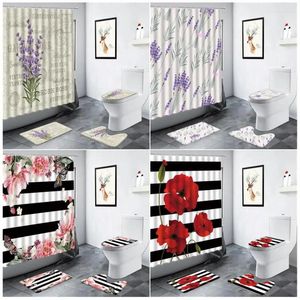 Douchegordijnen Purple Lavender Pieter Bloemgordijn Set Bloemvlinder Zwart Wit gestreepte niet-slip Trui Toilet Bad Mat Badkamer Decor