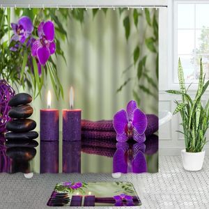 Douchegordijnen Purple Orchid Green Bamboo Bath Mats Set Zen Black Stone Spa Natuurlijk landschap badkamer decor niet-slip deurmat