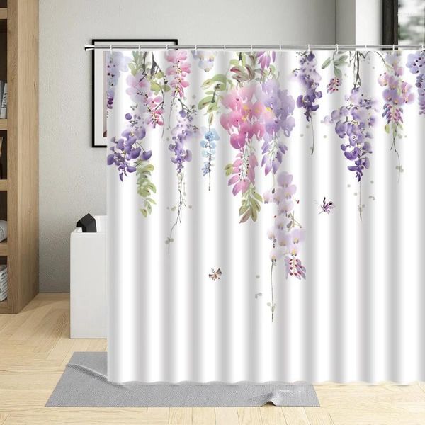 Rideaux de douche Violet Rose Fleurs Rideau Aquarelle Floral Papillon Libellule Design Créatif Moderne Nordique Décor Salle De Bain