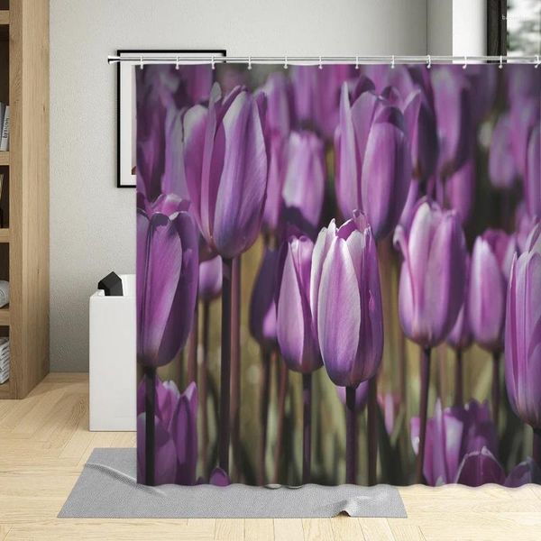 Rideaux de douche violet tulipe fleur pastorale salle de bain décor écrans plante florale jardinage rideau bain imperméable avec crochets