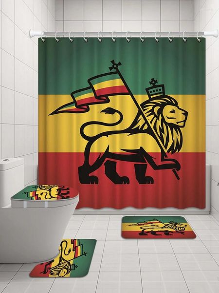 Rideaux de douche Rasta Flag peint sur la salle de bain en bois Set Le lion de Judah Wall Art Imperproof Curtain Toilet Couvrette de toilettes Tapis sans glissement