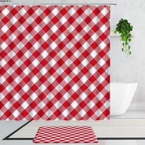 Rideaux de douche rouge et blanc treillis géométrique tissu Simple Art Polyester salle de bain décoratif ensemble de rideaux tapis antidérapant tapis