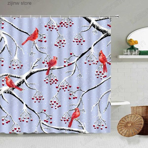 Cortinas de ducha Pájaros rojos Cortinas de ducha Rama de árbol creativo Planta de bayas de nieve Paisaje de invierno Tela Decoración de baño Juego de cortinas de baño con ganchos Y240316