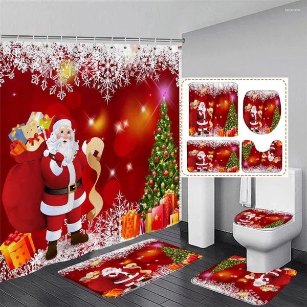 Cortinas de ducha Conjunto de cortina de Navidad roja Divertido Santa Claus Regalos de árbol de Navidad Año de copo de nieve blanco Decoración de baño Alfombra de baño Cubierta de inodoro
