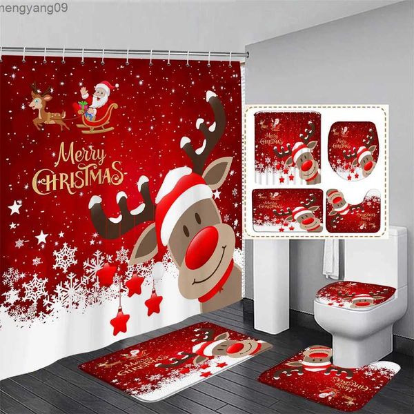 Rideaux de douche Ensemble de rideau de douche de noël rouge, cadeaux d'arbre de noël, flocon de neige blanc, décor de salle de bain, tapis de bain, couverture de toilette R231114