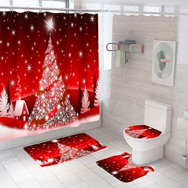 Rideaux de douche Arbre de Noël rouge ensemble de salle de bain rideau de douche imperméable père noël tapis antidérapants couverture de toilette rideaux de bain avec crochets 231025