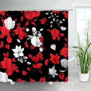 Rideaux de douche Rideau floral rouge Aquarelle Fleurs Feuilles grises Fond noir Décor de baignoire Tissu imperméable Ensemble de salle de bain