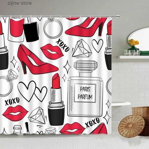 Douchegordijnen Rode Hoge Hak Parfum Douchegordijn Lippenstift Lippen Diamant Print Stof Vrouw Meisje Badkamer Decor Witte Badgordijnen met Haken Y240316