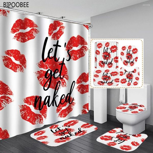 Cortinas de ducha Labios rojos Cortina impresa Polyéster Baño Batio Blanco Alfombra sin deslizamiento Mats de baño de tapa de tapa de tapa