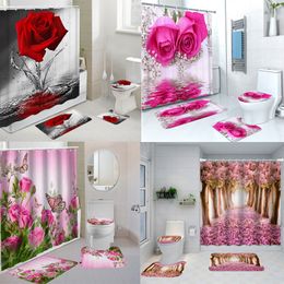 Douchegordijnen Rode Roos Vlinder Bloemen Badkamer Douchegordijn Set Waterdicht Polyester Wasbaar Antislip Badmat Tapijten Tapijt Wc Cover 230615