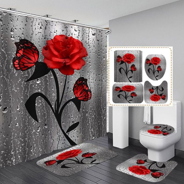 Rideaux de douche rouge Rose papillon motif gris rideau imperméable fleurs salle de bain tapis antidérapant couvercle de toilette couverture tapis de bain ensemble