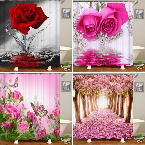 Rideaux de douche Rideau de douche papillon Rose rouge 3D rideau de salle de bain tissu imperméable Polyester lavable ensemble de rideau de salle de bain 230406