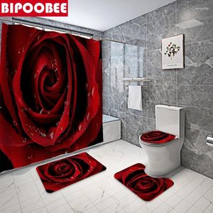 Rideaux de douche rideau de rose rouge gouttes d'eau fleurs fleurs tapis de bain pavillon de salle de bain non glip