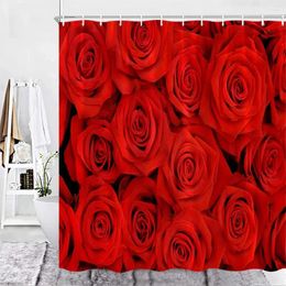 Cortinas de ducha Cortina de rosa roja Amor romántico Día de San Valentín Tela de poliéster Pantalla impermeable Conjunto de decoración de baño