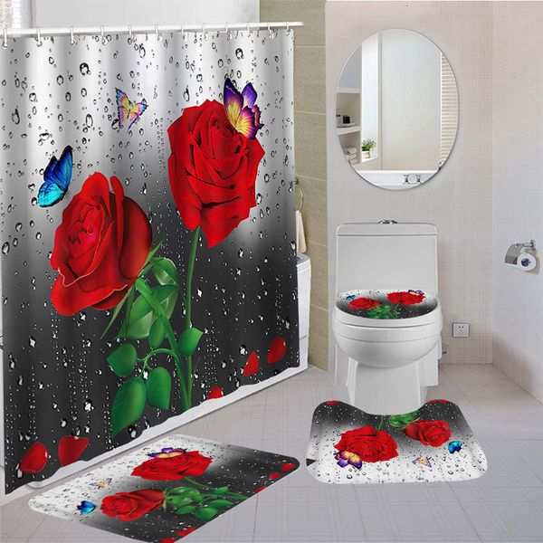 Rideaux de douche Rouge Rose Fleurs Papillon Étanche Rideau De Douche Ensemble Tapis Antidérapant Tapis Tapis Siège De Toilette Cove Baignade Salle De Bains Décor 230629