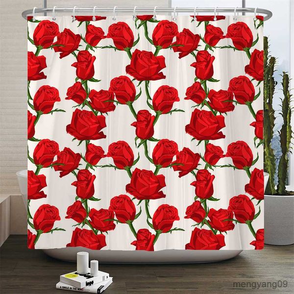 Rideaux de douche Fleurs roses rouges Rideau de douche imprimé Rideaux de salle de bain Fleur colorée Tissu imperméable Baignoire Décor avec R230831