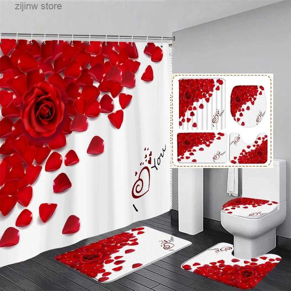 Cortinas de ducha Rosa roja Cortina de ducha Conjunto Flores Pétalo Perfume Día de San Valentín Hogar Baño Decoración Piso Alfombra Alfombras de baño Tapa de inodoro Cubierta Y240316