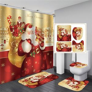 Rideaux de douche Rouge Père Noël Imprimé 3D Rideau de Noël avec Couverture de Toilette Tapis de Bain Tapis Accessoires de Salle de Bains Ensembles Polyester Tissu 221118