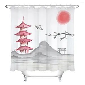 Rideaux de douche Red Soleil Japonais Tour rideau de rue Ensemble de salle de bain Crochets de tissu polyester personnalisé