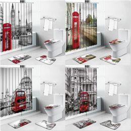 Rideaux de douche Salle de téléphone rouge Big Ben à London Bath Mat Retro Landscape Bathroom Decor Set Tapis sans glissement tapis de porte de toilette