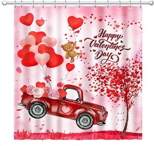 Cortinas de ducha Camión rojo Cortina de San Valentín Globo de corazón flotante Día de poliéster con ganchos para decoración de baño