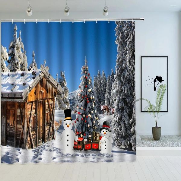 Rideaux de douche Reindeer Santa Christmas Noël Claus Sleigh Cabin Hiver Fabric de salle de bain Décor de salle de bain avec crochets Écran de bain imperméable