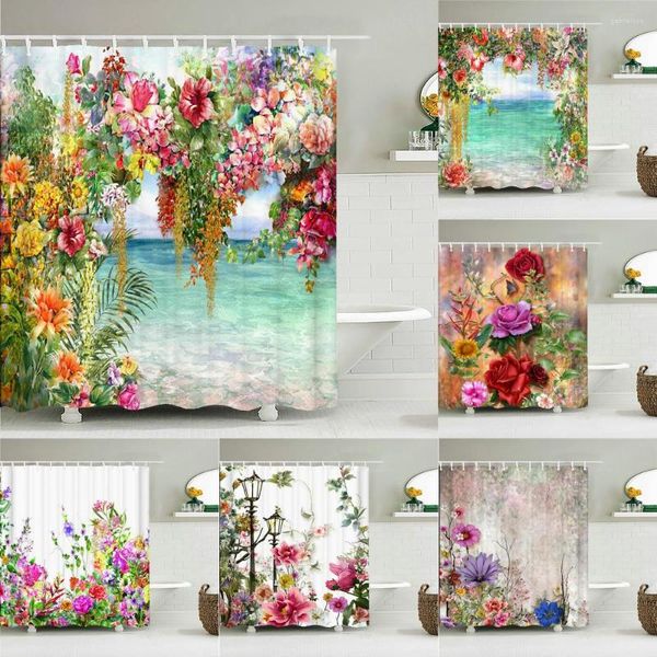 Rideaux de douche Rétro Blooming Flowers Salle de bains Rideau de bain en polyester imperméable avec 12 crochets