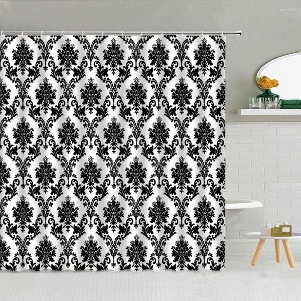 Rideaux de douche rétro européens noirs blancs de fleur de fleur géométrie à plaid said bohême décor de bain étanché