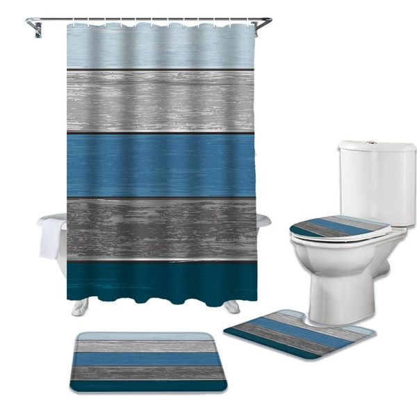 Cortinas de ducha Retro Farm Barn azul gris rayas degradado cortina tapa de inodoro juego de alfombrillas de baño alfombra de baño bañera decoración del hogar