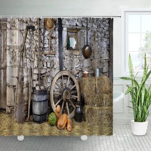 Rideaux de douche rétro ferme citrouille ensemble roue en bois ferme automne récolte festival jardin tenture murale salle de bain rideau en tissu