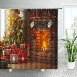 Cortinas de ducha Retro Chimenea Decoración navideña 3D Verde Árbol de Navidad Regalo Vacaciones Casa Tela Cortina de baño con ganchos Juego de baño