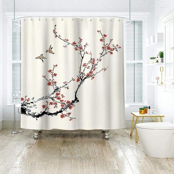 Cortinas de ducha Flores retro Cortina de pájaros Pink Cherry Blossom Polyester Fabric Decoración para el baño Baño de baño