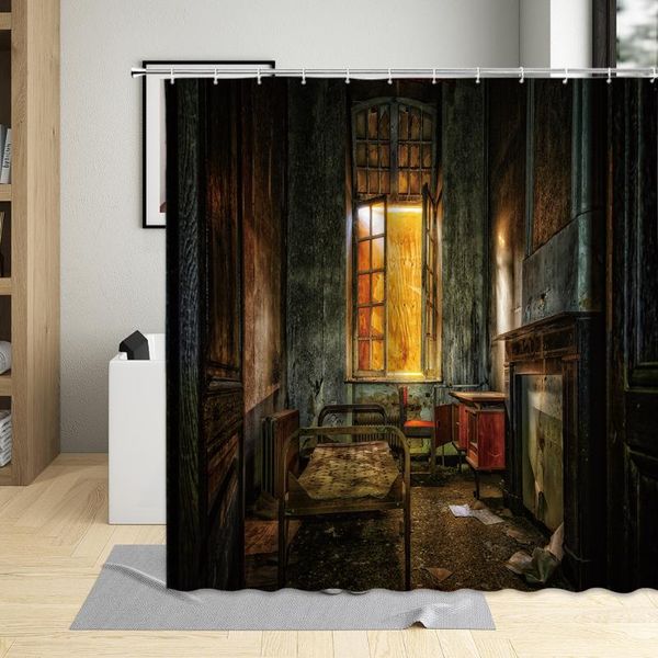 Rideaux de douche Rétro-maison ruines du couloir de la salle corridor salle de bains avec des crochets baignoire décoration imperméable rideau de tissu