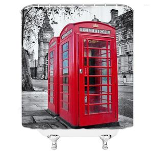 Rideaux de douche Rétro Londres Cabine téléphonique Rideau de salle de bain Big Ben Paysage rouge Tissu en polyester imperméable pour art Baignoire Décor à la maison