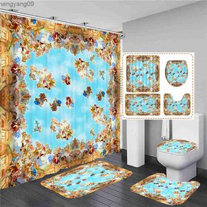 Douchegordijnen retro muurschildering angel print 3d douche gordijnen waterdicht badkamer gordijn set niet-slip kleed deksel deksel badmat r230822