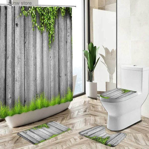 Rideaux de douche Rétro vieille planche de bois plante verte rideau de douche printemps vigne fleur pays paysage salle de bain tapis couverture de toilette tapis de sol ensemble Y240316